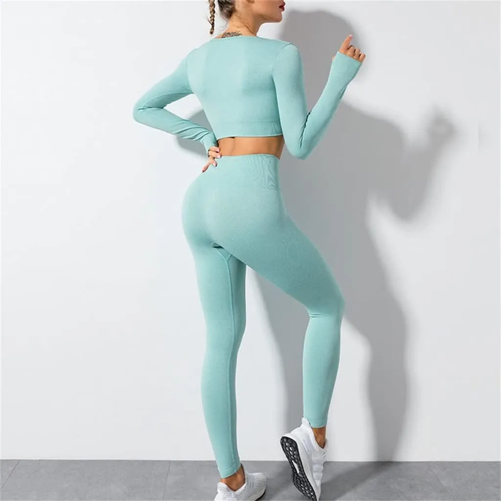 Yoga Suit Long Sleeve Monochrome Square Neck Long Sleeve Tracksuit Seamless High Waist Trousers Navel Gym Suit(Large)