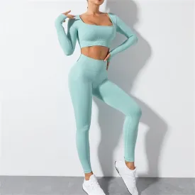 Yoga Suit Long Sleeve Monochrome Square Neck Long Sleeve Tracksuit Seamless High Waist Trousers Navel Gym Suit(Large)