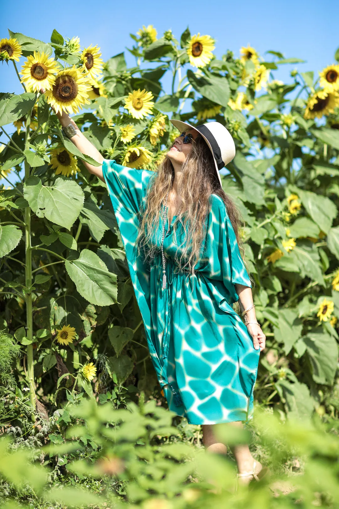 ZIRAFA GIRAFFA TEAL ITALIAN SILK MIDI KAFTAN DRESS